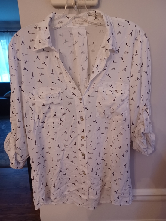 Just Living Tops - Just Living Women's Paris Eiffel Tower Print White Button-Down Blouse Medium